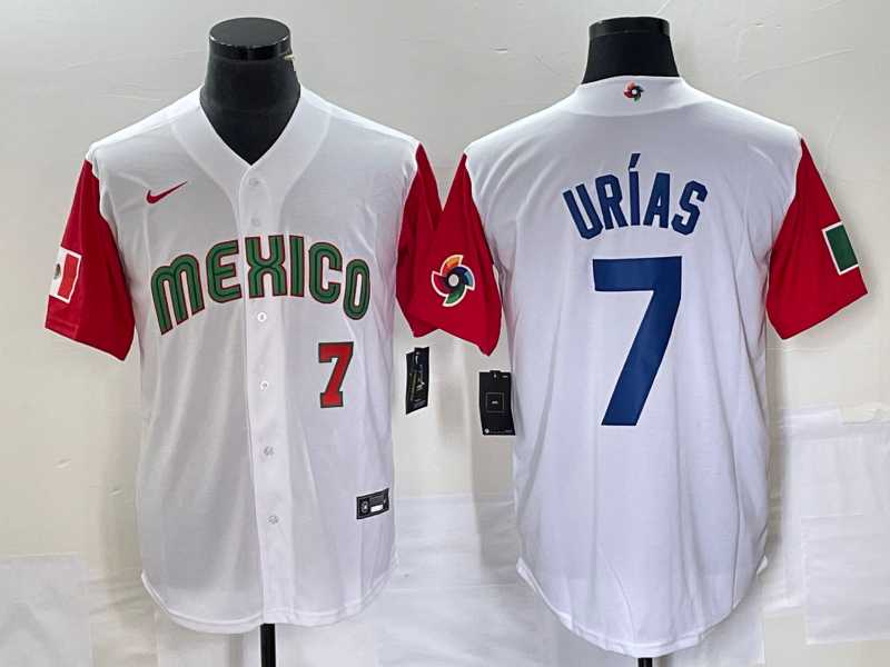 Men's Mexico Baseball #7 Julio Urias Number 2023 White Red World Classic Stitched Jersey3